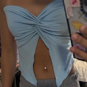 Blue Tie Front Cut Out Backless Top